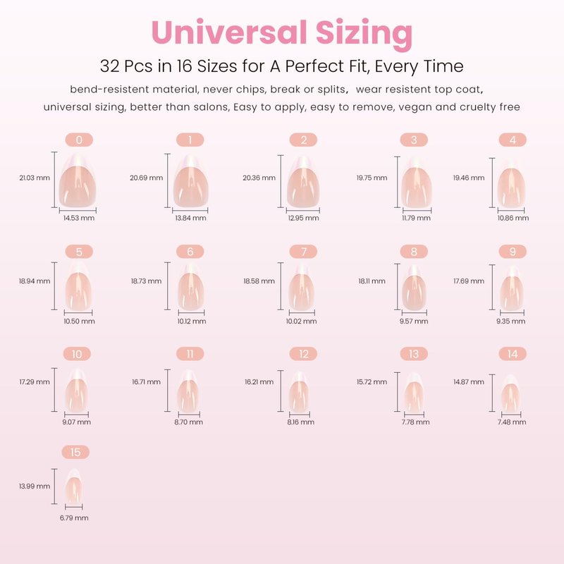 Press On Nails - Mirror Effect Short Almond Fake Nails | White French Tip on Pink Gradient Metallic Base, 16 Sizes - 32 Reusable Nail Kit for Women