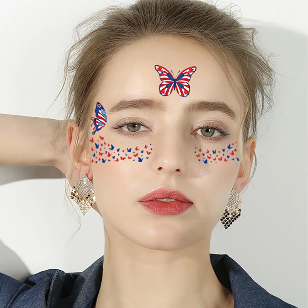 4th of July Face Tattoo Stickers for Adults, 10 Sheets Independence Day Temporary Tattoos, USA Flag Red White Blue Patriotic Party Supplies, Fake Tattoos for Face Makeup Eye Decor