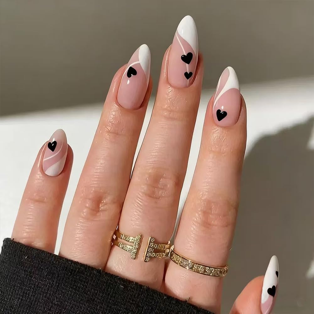 Press On Nails - Orange Almond Shape with Gold Glitter Swirl | 24 Pcs Acrylic Fake Nails for Women