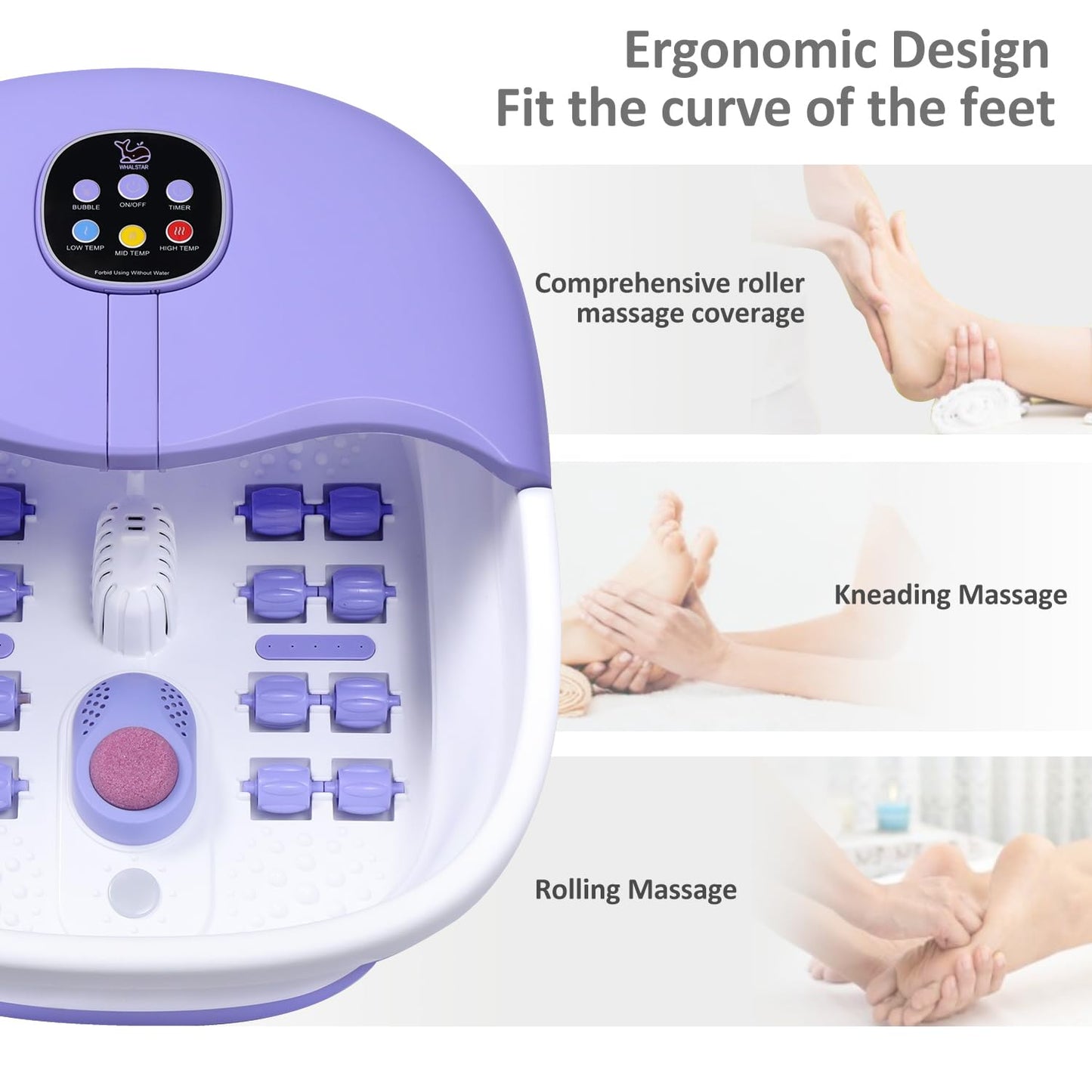 WHALSTAR Collapsible Foot Spa Bath Massager with Heat Bubbles and Vibration Massage and Jets, 16oz Tea Tree Oil Foot Soak with Epsom Salt, Foot Bath Basin with Red Light & Remote - Purple