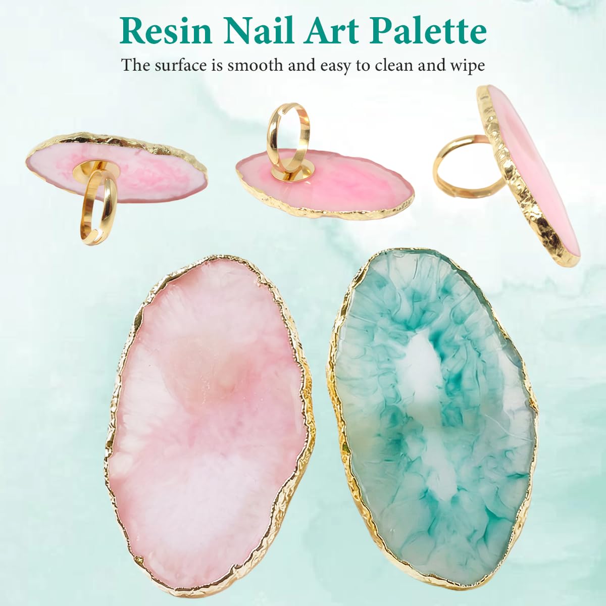 2 Pcs Nail Art Palette Rings, Marble Resin Gel Polish Mixing Trays, Adjustable Finger Ring Nail Art Holder for DIY Color Mixing(Pink,Green)