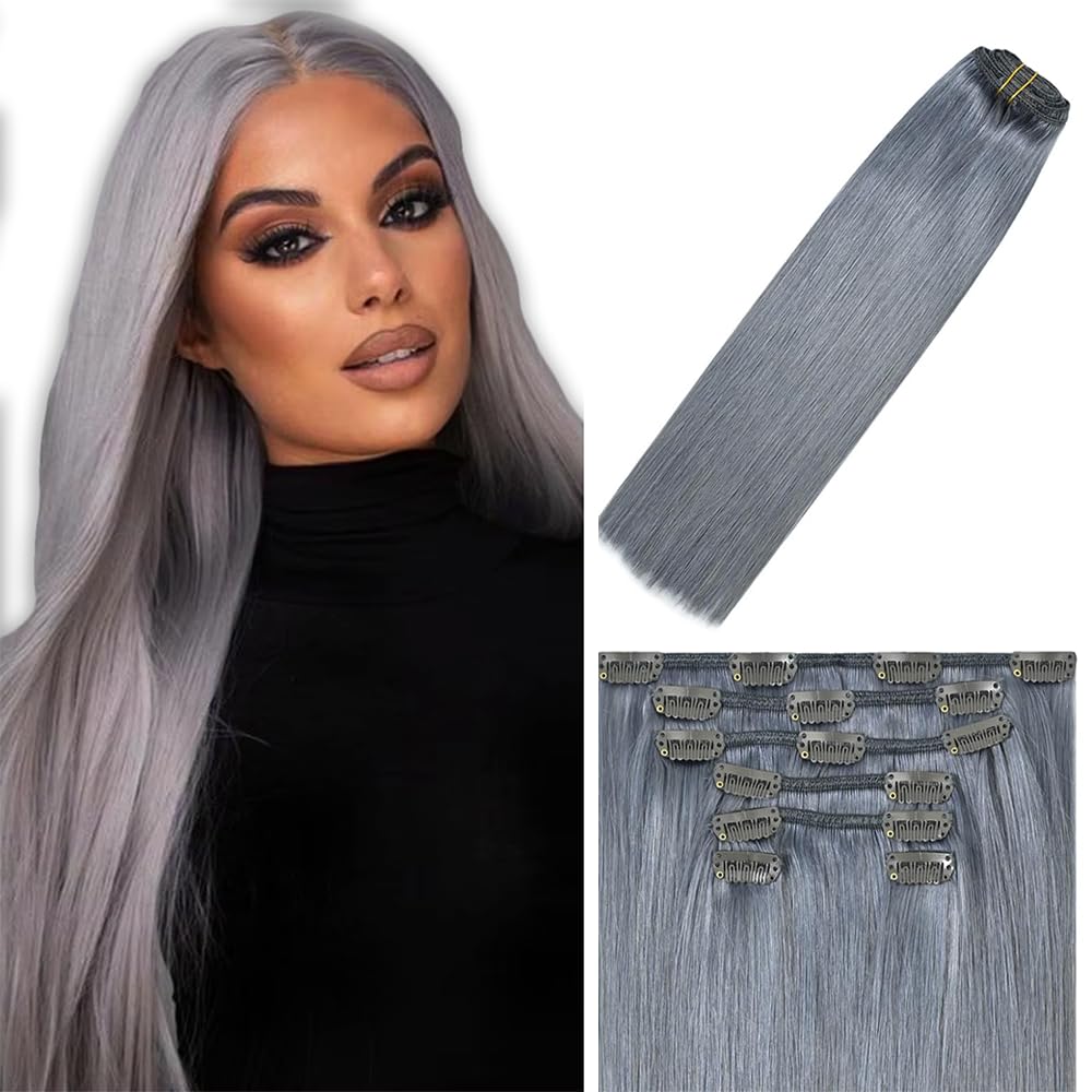 Grey Clip in Hair Extensions Real Human Hair, 26 Inch 120g/7Pcs,Full Shine Remy Human Hair,Gray Straight Clip ins Brazilian Virgin Human Hair Extensions
