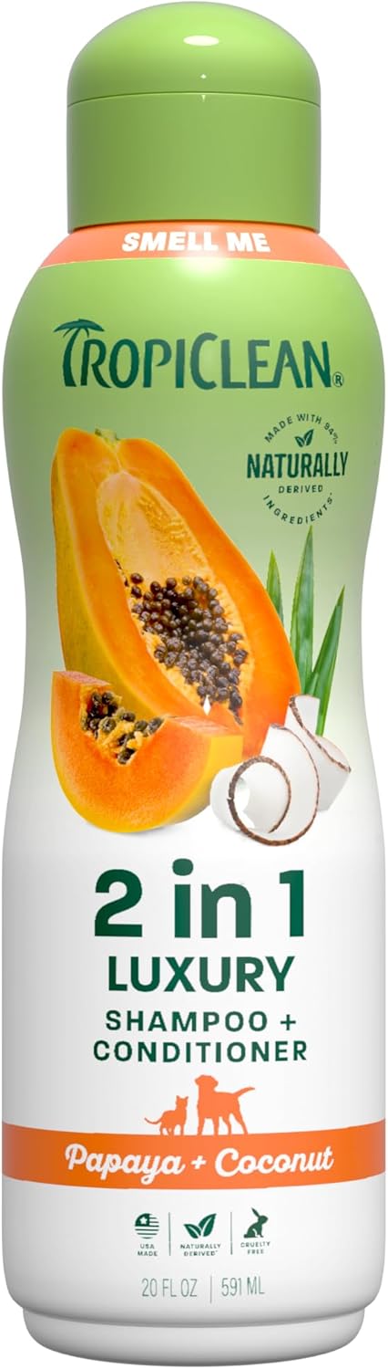 TropiClean 2-in-1 Dog Shampoo & Conditioner - Moisturizing Papaya Scent | Puppy & Cat Safe, 20oz