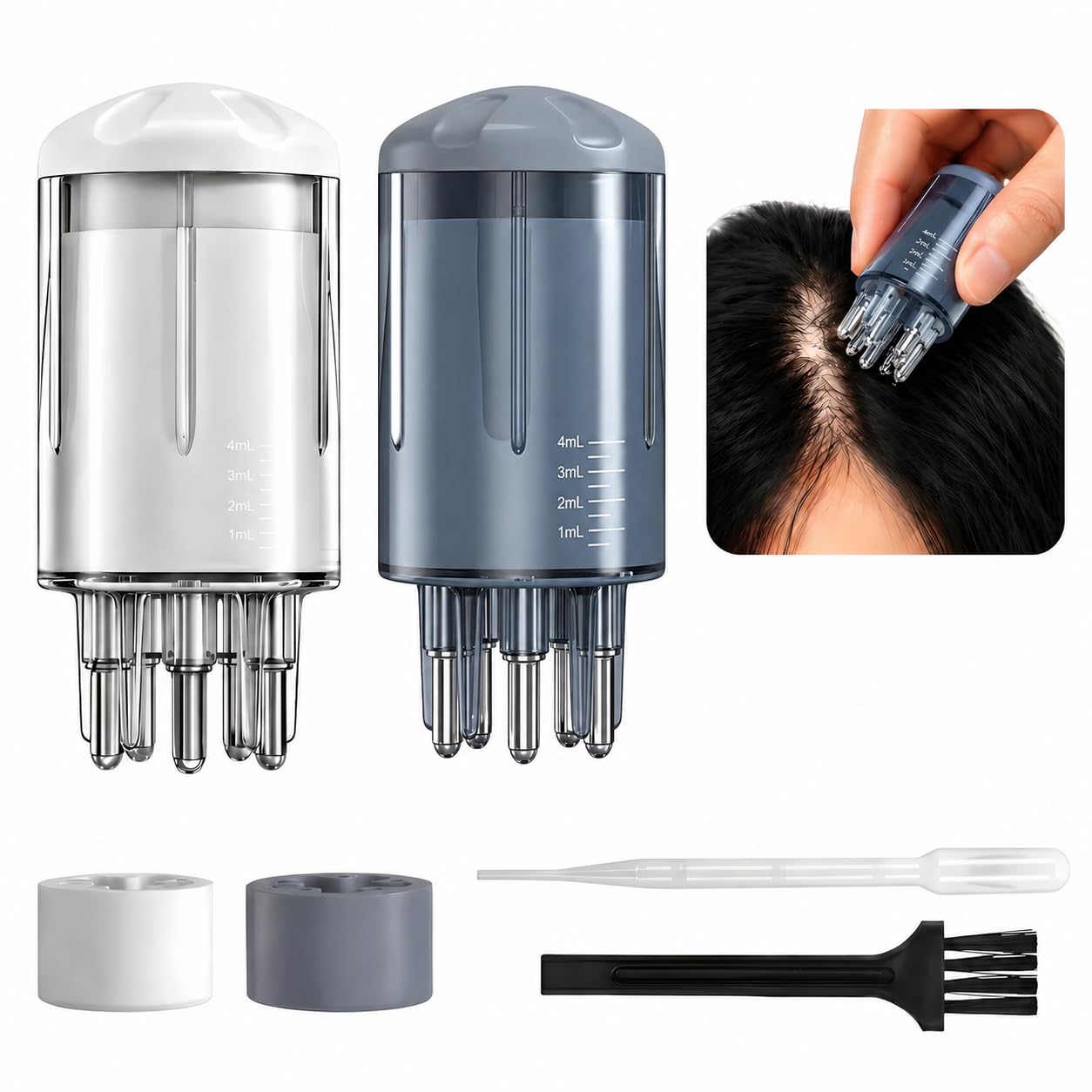 KLXXUJK Minoxidil Applicator, 2 Pack Scalp Applicator Comb with Cleaning Brush and Dropper, Rollerball Hair Oil Dispenser Bottle for Precise Root Targeted, Quick Effortless Scalp Brush Tool