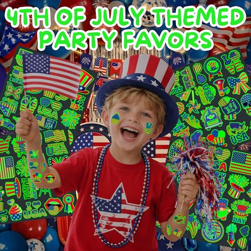 Fourth of July Luminous Temporary Tattoos for Kids - 80+ Patriotic Designs, Party Favors