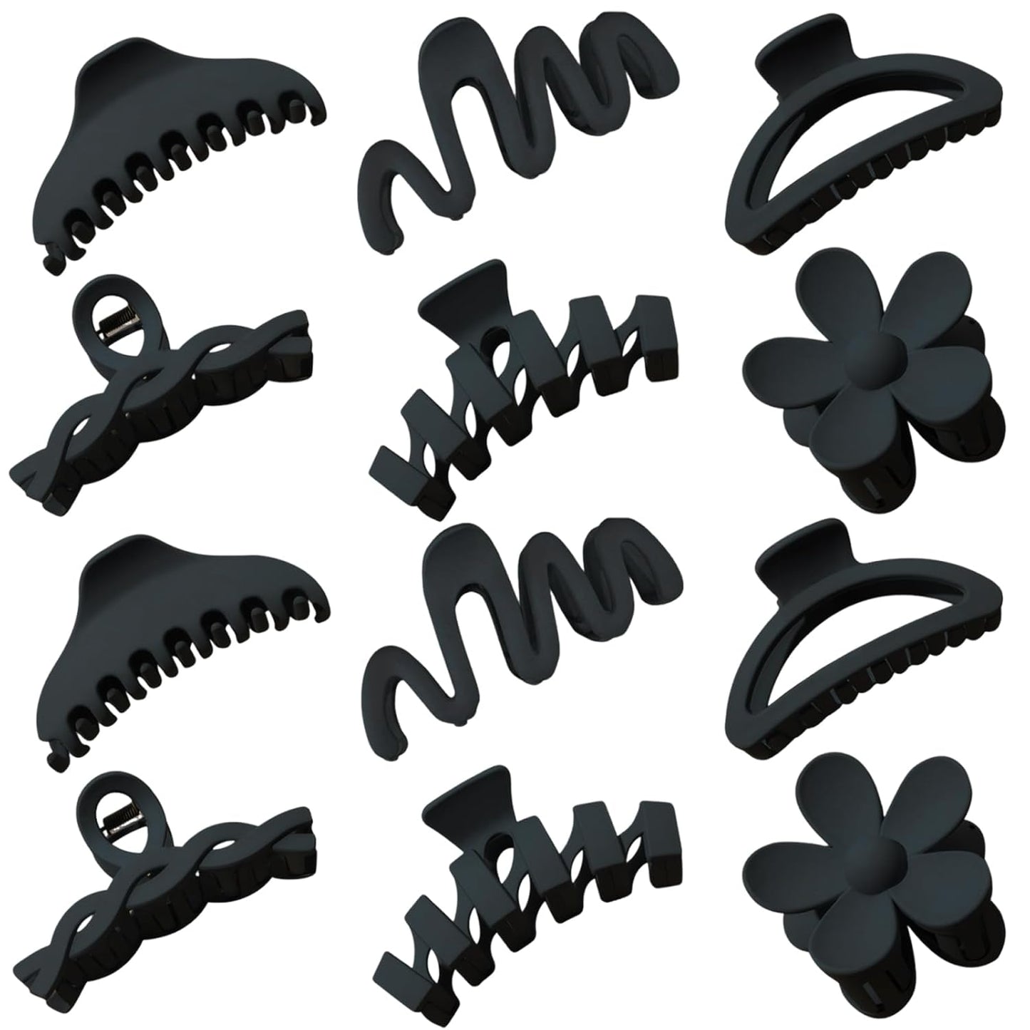 Claw Clips for Women - 12 Pcs Non-Slip Large Jaw Hair Clips | Multi-Shape Black Accessories for Thick & Curly Hair
