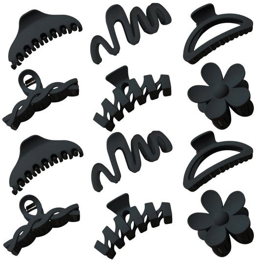 Claw Clips for Women - 12 Pcs Non-Slip Large Jaw Hair Clips | Multi-Shape Black Accessories for Thick & Curly Hair