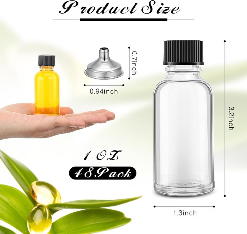 Clear Boston Round Glass Bottles - 1 oz with Black Caps & Funnel | 48 Pcs for Essential Oils & Extracts