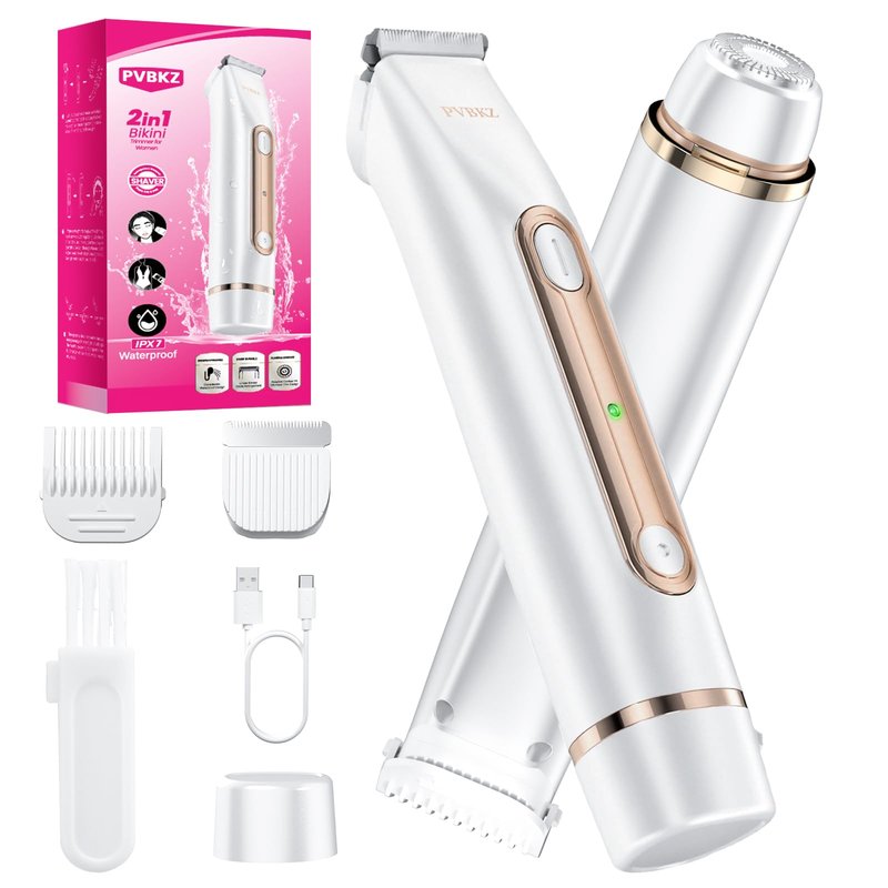 Bikini Trimmer for Women, 2-in-1 Painless Electric Razor for Body and Pubic Hair, IPX7 Waterproof Shaver with Dual Heads - Rechargeable Lady Trimmer for Bikini, Underarm, and Leg (White)