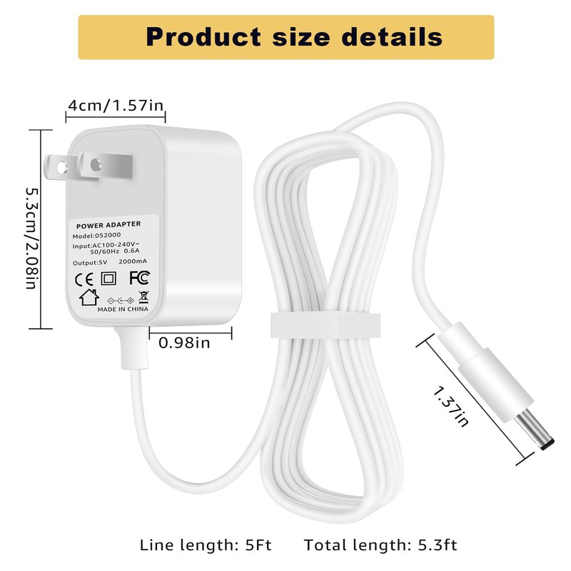 5V2A Charger Power Cord Suitable for Aura Carver AF100 AF900 SR-A30502000U2, White Wire Length 5 Feet (1Pack)