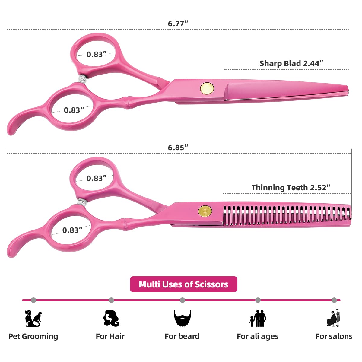 Professional Hair Cutting Scissors Sets Stainless Steel Barber Hairdressing Scissors Multifunctional Salon Thinning Scissors Straight Shears Tools for Men Women Home Use (Pink)