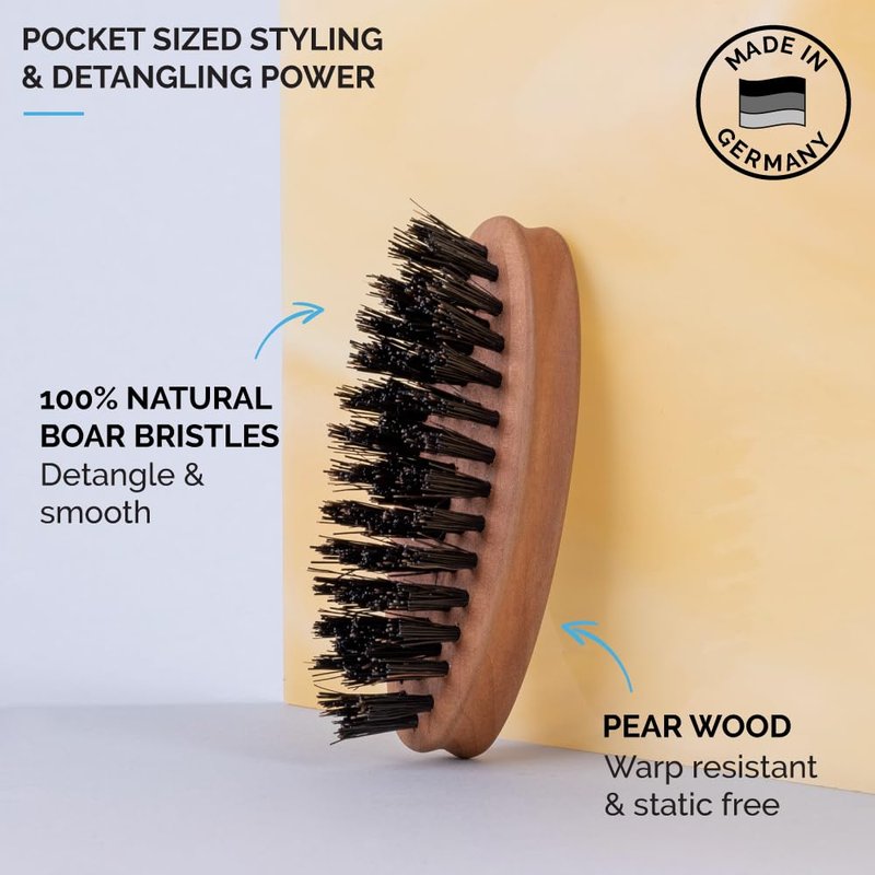 ZEUS Pocket Beard & Mustache Brush for Men, Travel Size Grooming Tool with Firm & Stiff Boar Hair Bristles for Beard Styling & Detangling (Made in Germany) N91