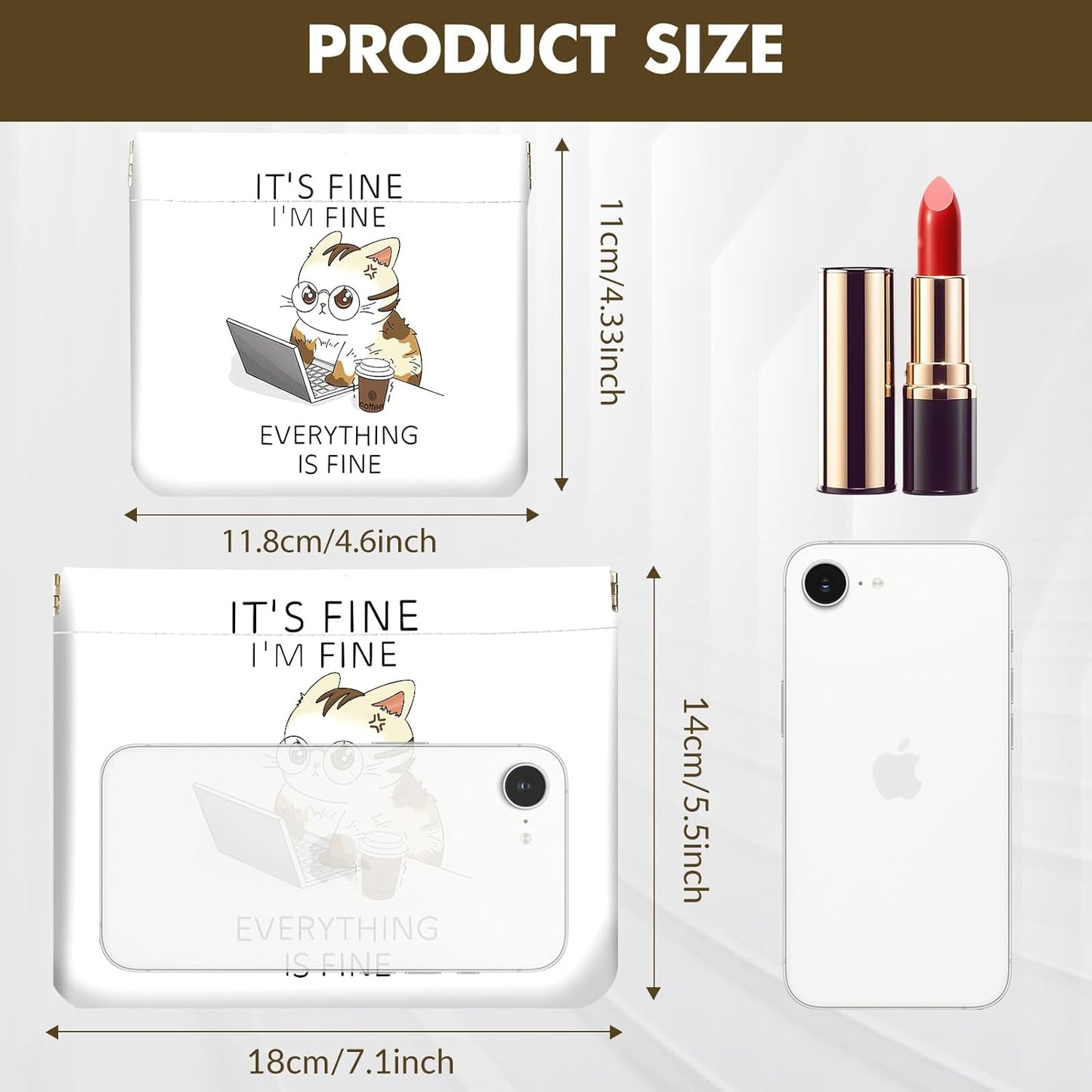 Makeup Bag Set - 2 PCS PU Leather Self-Closing Cosmetic Organizer | Portable Travel Pouch for Women - Angry Cat Design