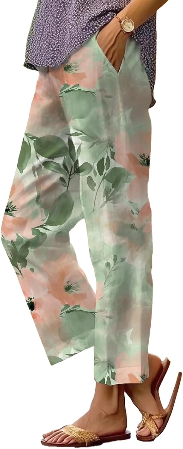 Women's Boho Floral Wide Leg Capris - Elastic Waist, Loose Fit Beach Pants | Casual Summer Trousers