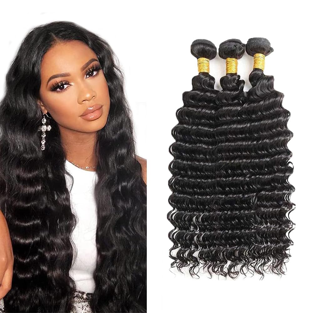 Deep Wave Bundles Human Hair Black Natural Color Human Hair Bundle 18 20 22 Inch Brazilian Virgin Hair 150g/3 Bundles Double Weft Hair Extensions