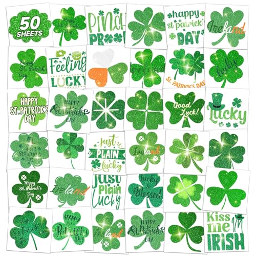 50 Pcs Kids Glitter St Patrick's Day Temporary Tattoos - Safe & Easy to Apply