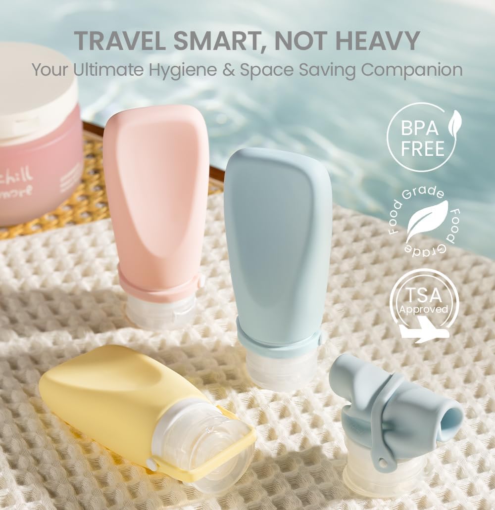 Travel Bottles for Toiletries - TSA Approved 2oz Leak-Proof Silicone Containers | 3 Pack Squeezable Travel Accessories
