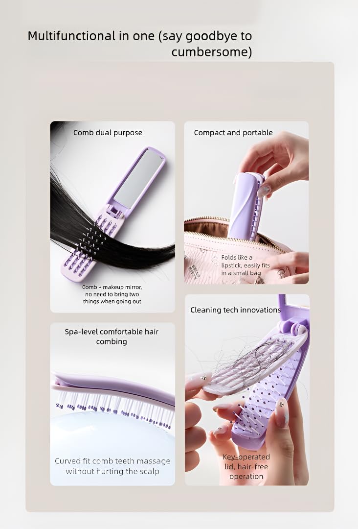 Folding Hair Brush with Mirror, Self Cleaning Hairbrush, Mini Compact Hair Brush for Purse, Small Pocket Travel Brush for Women and Girls