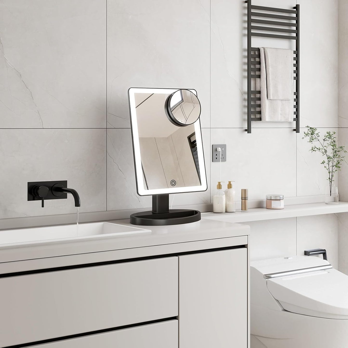 Large Lighted Makeup Mirror - 3 Color Modes, 88 LED, 10X Magnification | 360° Rotation, Touch Screen (Black)