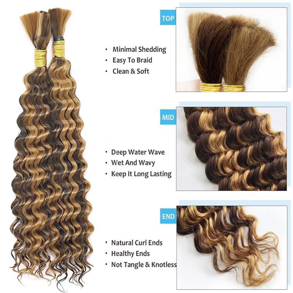 Freiuoke Braiding Hair for Boho Braids 20 Inch 2 Bundles Brown Deep Water Wave Bulk No Weft Long Wet and Wavy Braiding Hair Curly Human Hair Extensions for Women #30