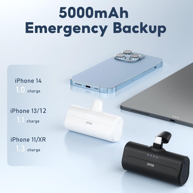 UPEB Small Portable Charger for iPhone 5000mAh 2 Packs with Built in Cable, MFi Certified Compact Power Bank Cordless External Battery Pack for All iPhone Series 14/13/12/11/XR/X/SE/8/7/6 Pro Max