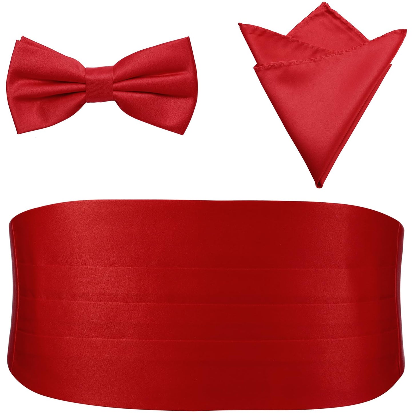PenSee Mens Formal Solid Pre-tied Bow Tie & Pocket Square & Cummerbund Set Tuxedo Bow Ties for Men Red Medium