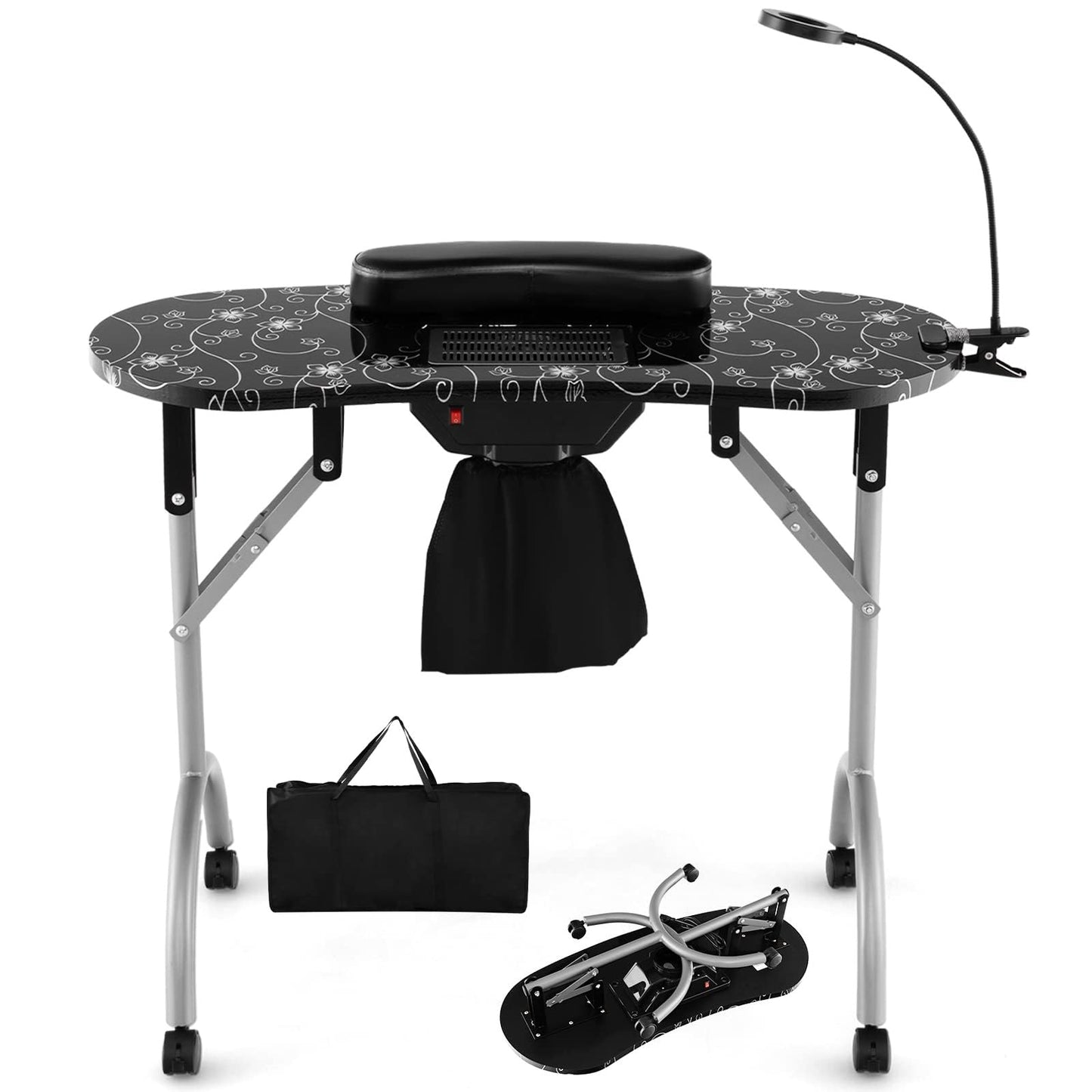 DORTALA Portable Nail Desk, Nail Table Station for Nail Techs w/Electric Dust Collector, Bendable LED Lamp, Removable Armrest Pad, Folding Manicure Table with Lockable Wheels for Home, Salon, Black
