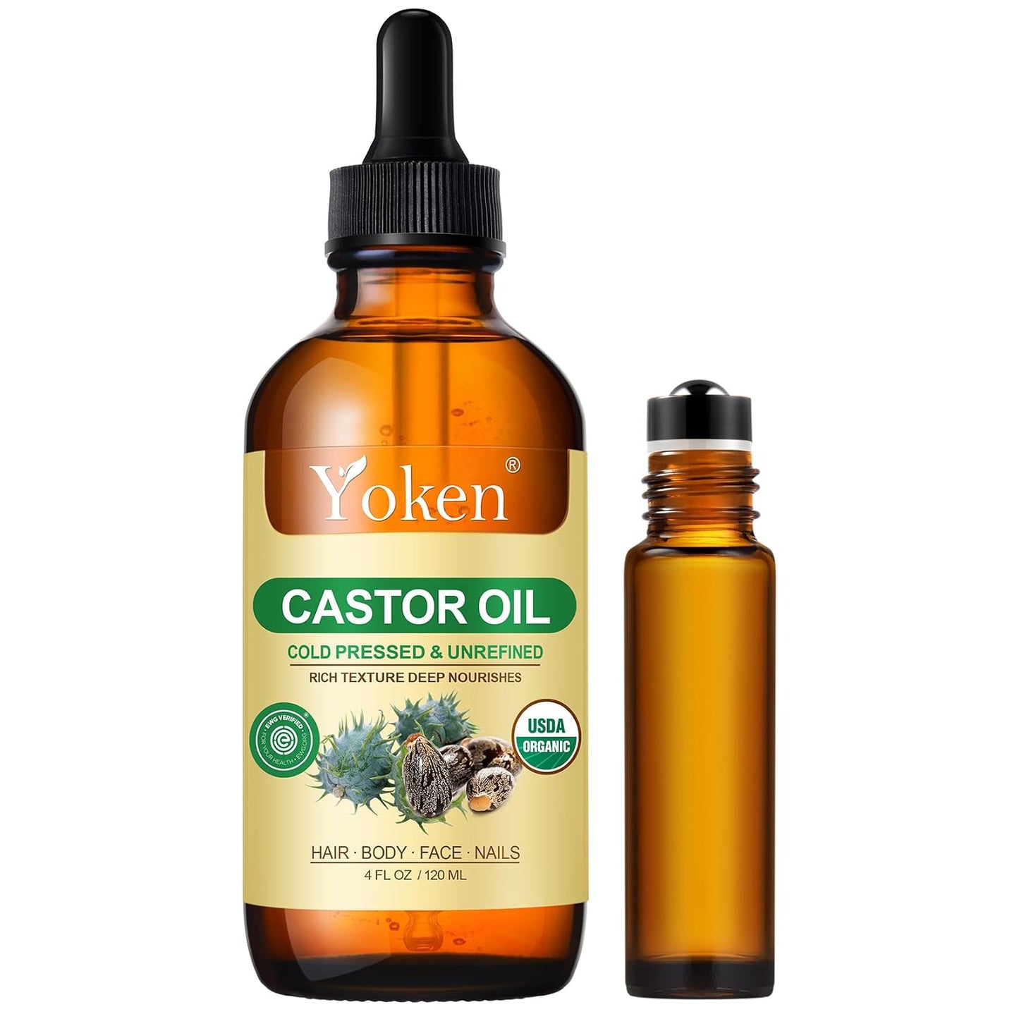 Yoken Castor Oil - 100% Pure Cold Pressed Hexane-Free Oil for Skin, Hair & Body | 32 fl oz Glass Bottle with Pump