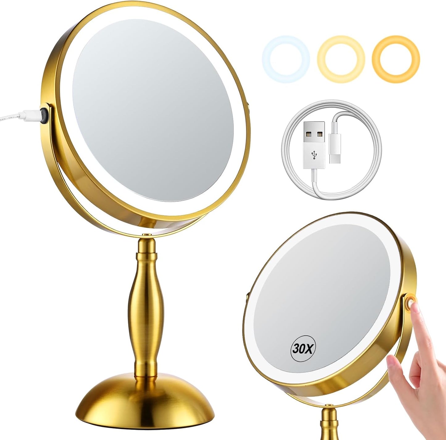 Lighted 30x Magnifying Makeup Mirror - Adjustable Brightness, 3 Color Modes | 5000mAh Rechargeable, 360° Rotation