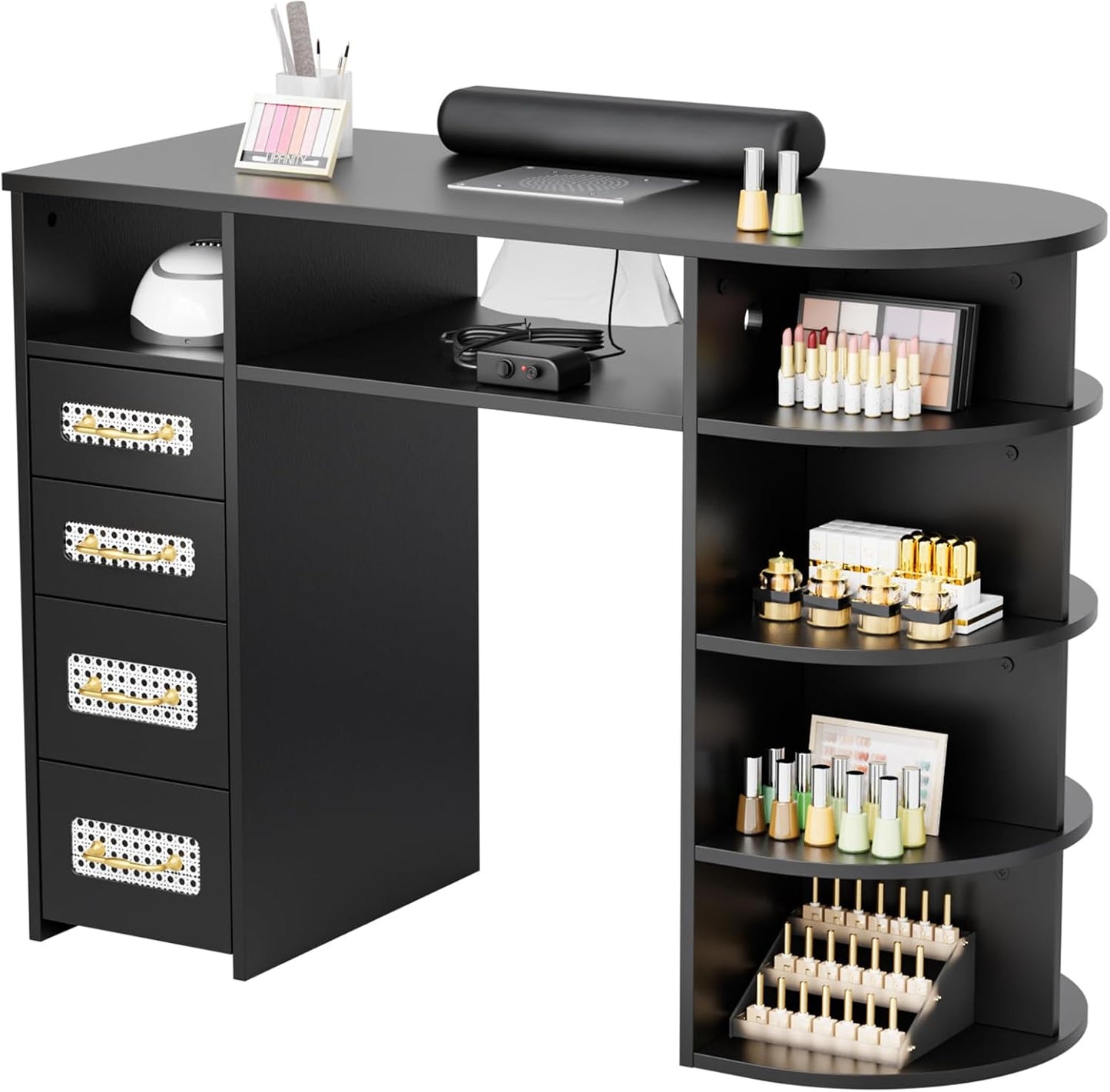 OmySalon Nail Desk - Electric Dust Collector Manicure Table with Storage Drawers & Acetone Resistant Surface | Black