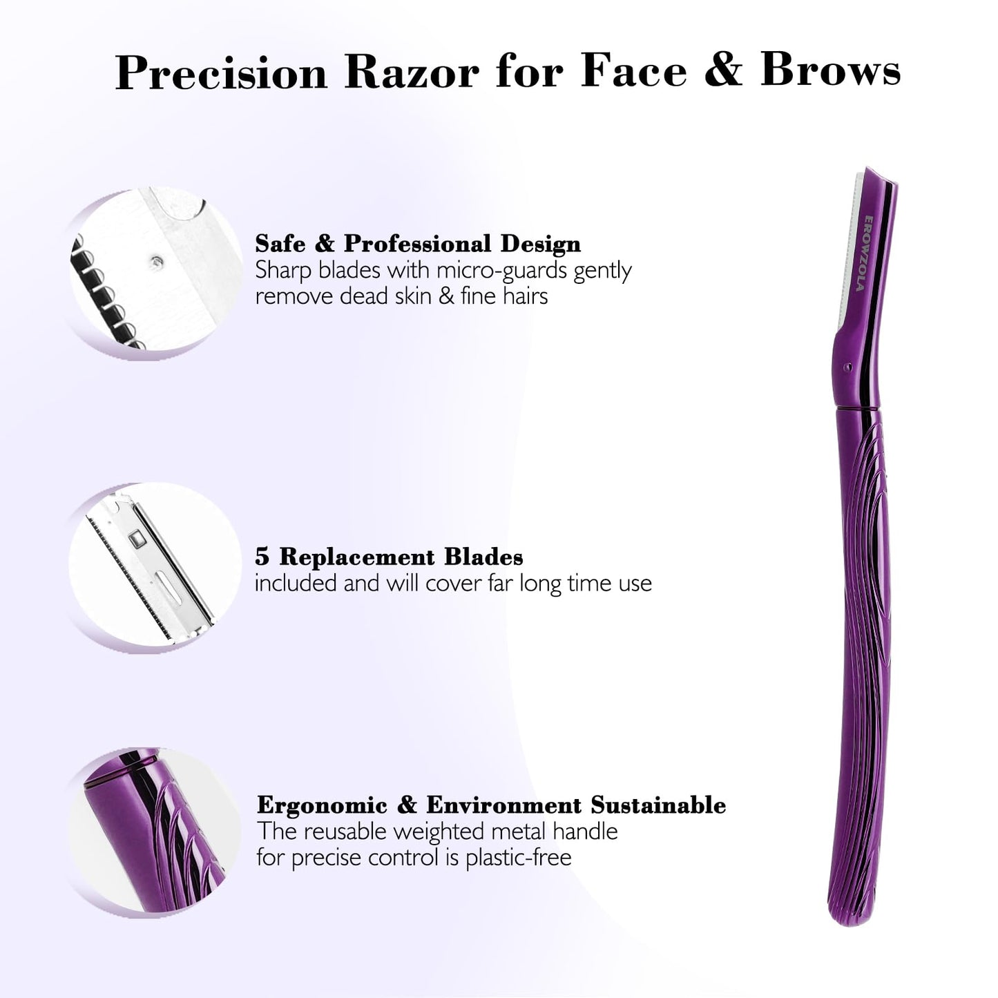 EROWZOLA Eyebrow Razor, Face Razors for Women and Men, Reusable Metal Handle with 6 Refill Blades, Eyebrow Trimmer with Precision Cover, Dermaplane Razor, Skin Care Tool, Purple