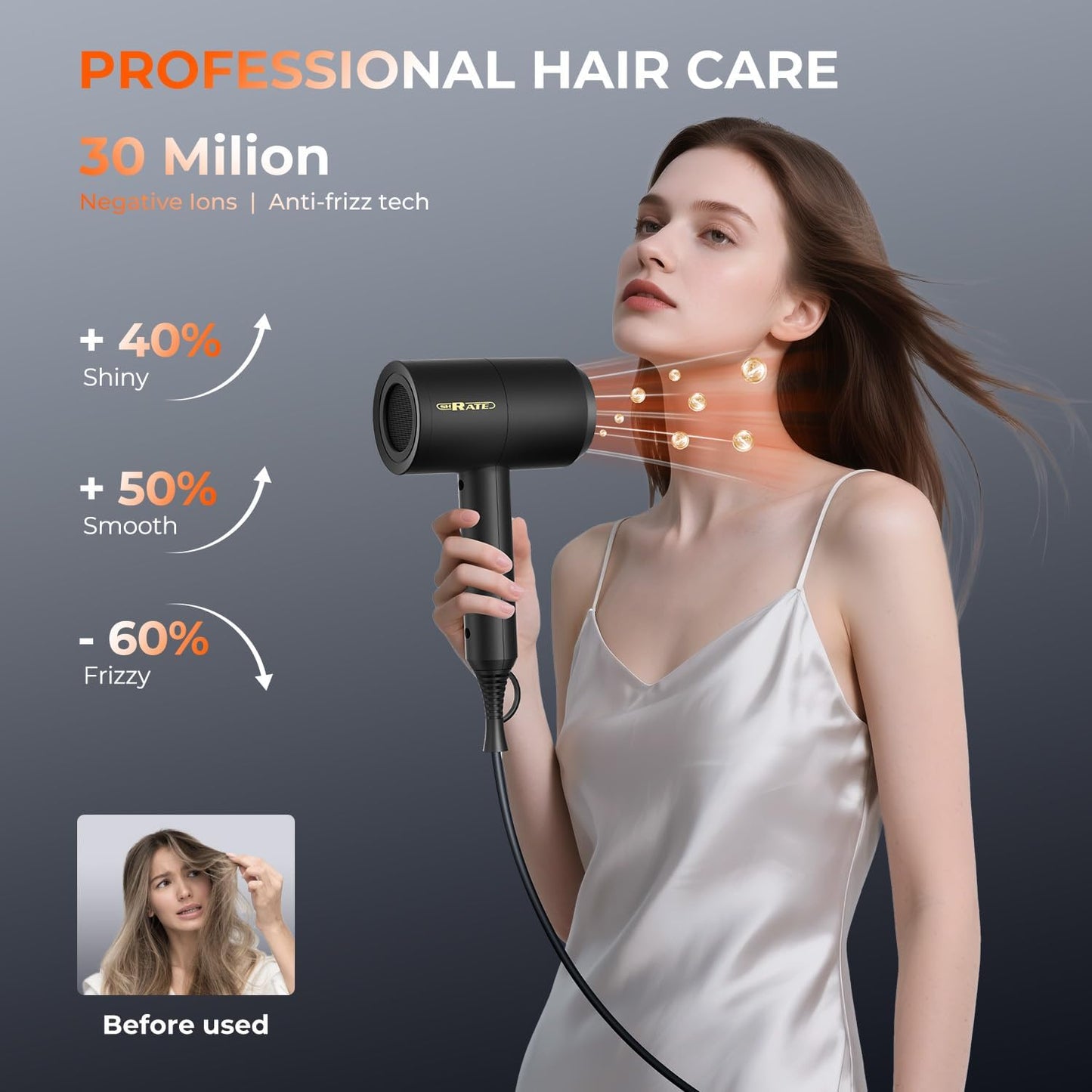 Ionic Hair Dryer with Diffuser - Professional Blow Dryer for Curly & Frizzy Hair | Low Noise & Portable Design