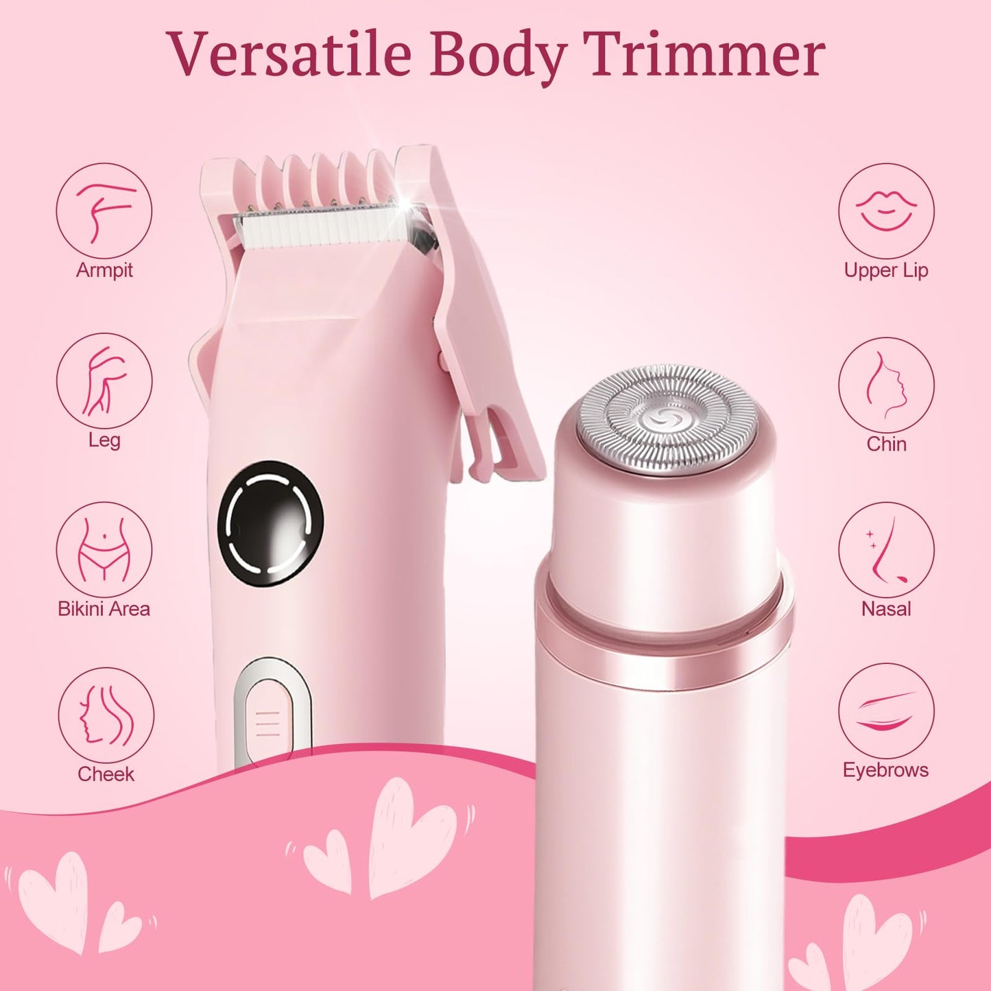 Bikini Trimmer for Women, 4 in 1 Wet/Dry Electric Razors for Women - Dual Head, Painless Rechargeable Portable Womens Razors for Shaving Set for Face, Nose, Eyebrows, Armpits, Bikini Area (Pink)