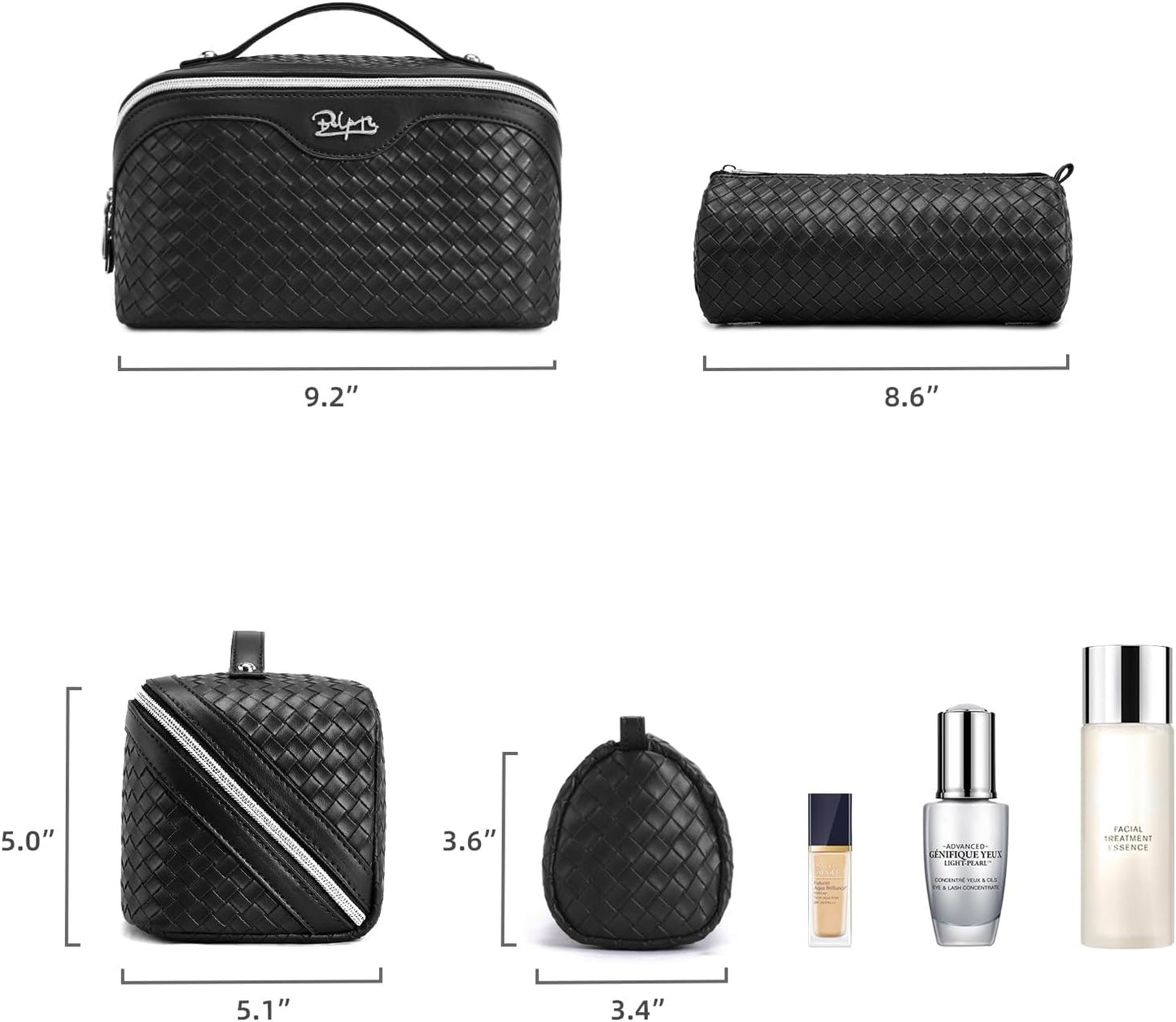 Travel Makeup Bags for Women - 3-Piece Vegan Leather Set | Waterproof Toiletry Organizer (L05 Black)