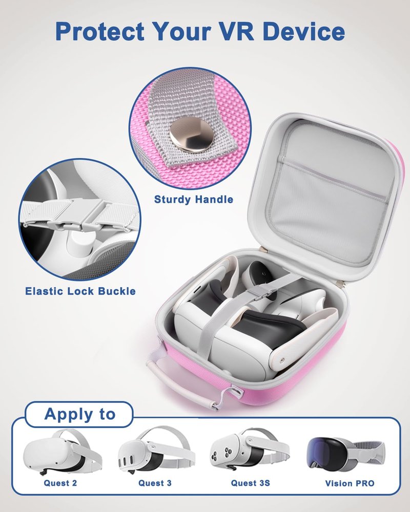 Krypthos Hard Carrying Case Compatible with Meta Quest 3S/Quest 3/Quest 2/Vision Pro, Portable VR Gaming Headset and Touch Controllers Case with Lens Protector, Suit for Travel and Home Storage (Pink)