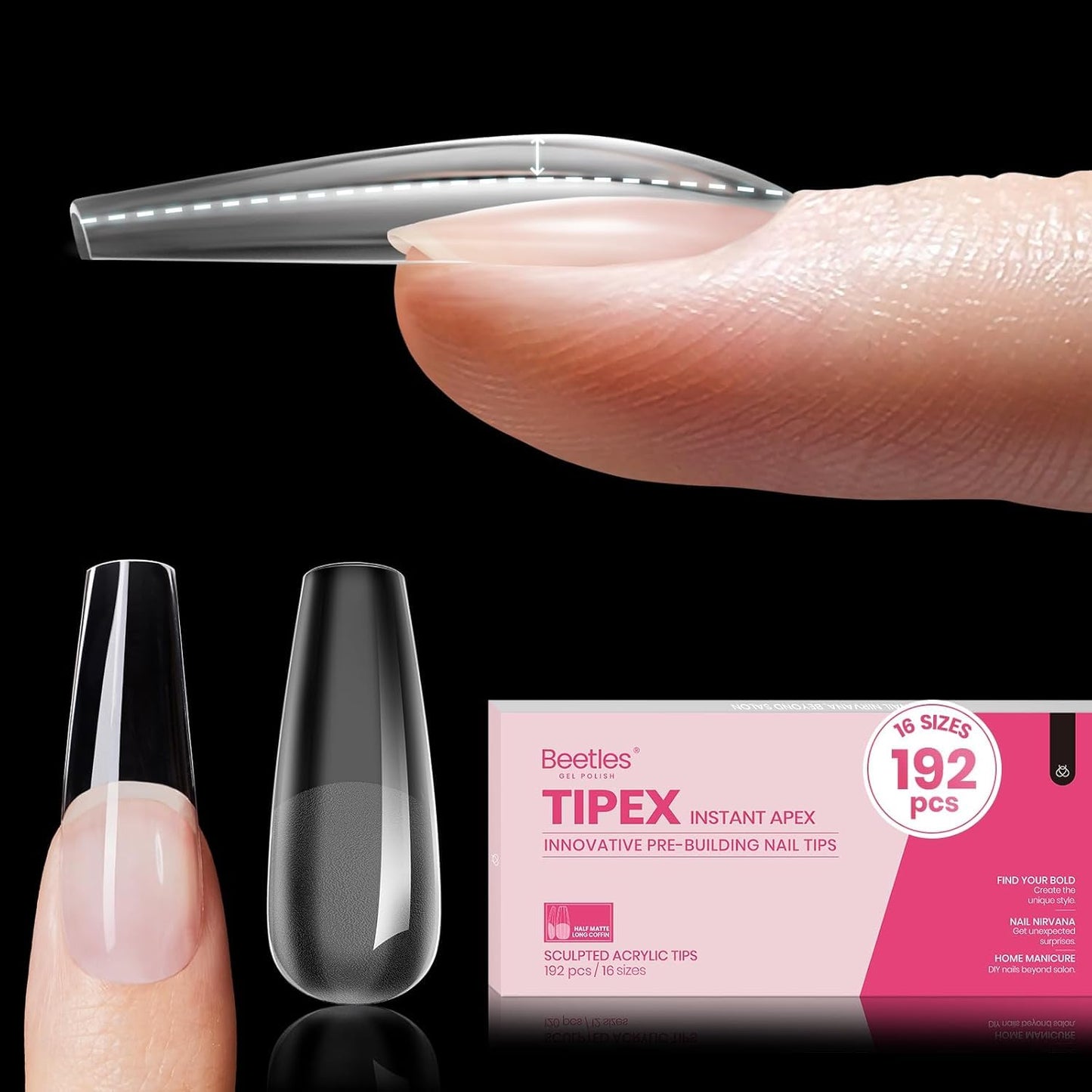 Beetles Instant Apex Nail Tips - Short Oval Acrylic Extensions | 192 Pcs, 16 Sizes 00-14, No Builder Gel Required