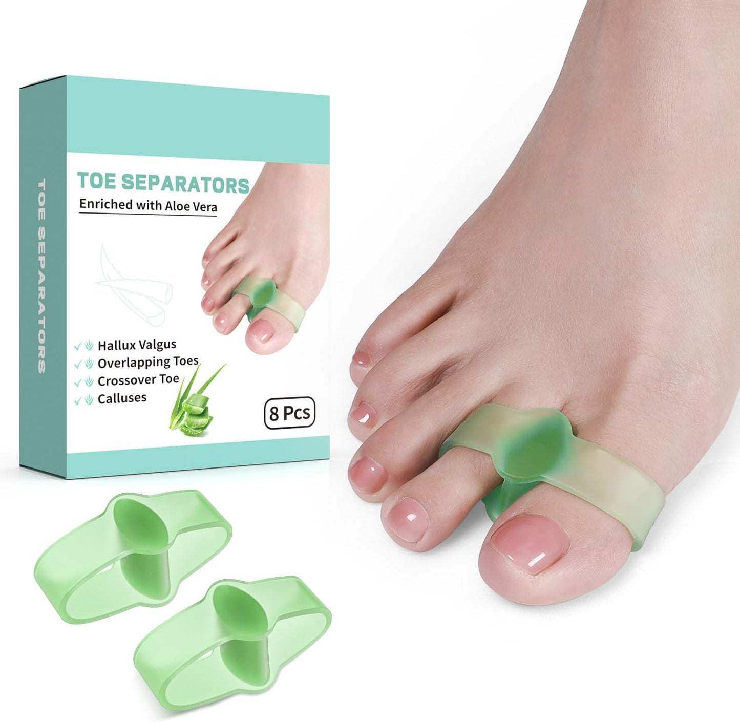 Gel Toe Spacers - 8 Pcs Bunion Corrector & Hammer Toe Separator | Big Toe Straightener for Yoga (Green)