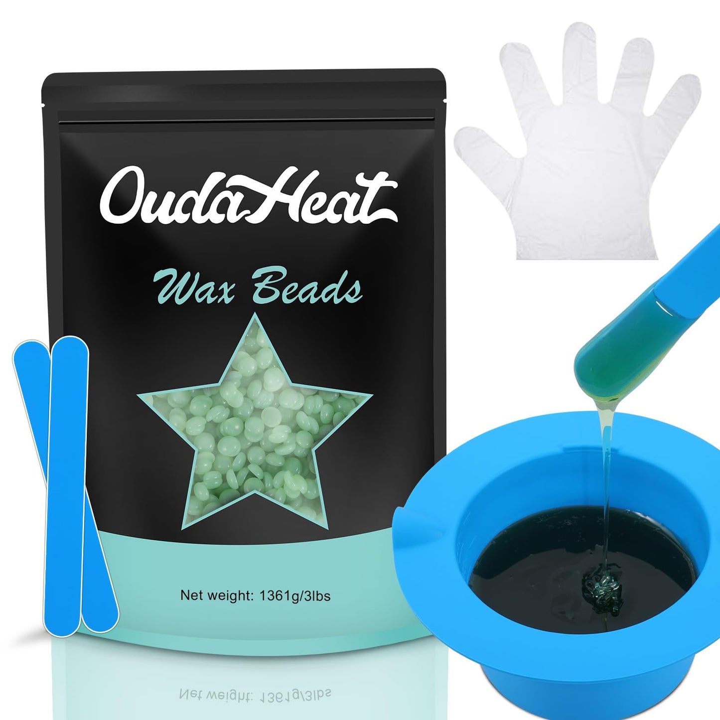 1lb Rosin-Free Hard Wax Beads, Hypoallergenic Sensitive Skin Body Waxing Bead, Hair Removal Wax Beans, Brazilian Wax Bead for Body, Face, Bikini, Legs, Coarse Hair Removal, 1 Silicone Pot and 3 Sticks