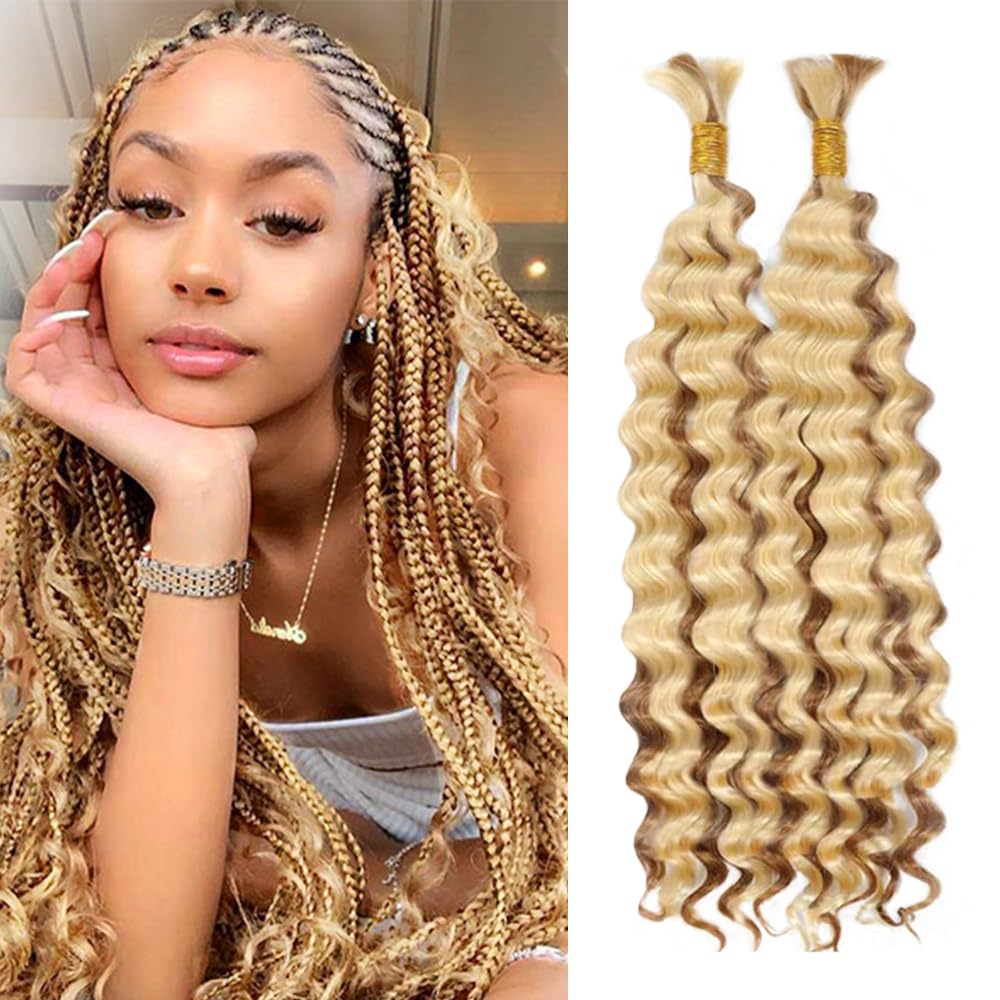 613 Braiding Hair 2 Bundles 100g 12 Inch Deep Wave Bulk Human Hair Braiding Wet and Wavy Human Braiding Hair for Boho Braids 613 Curly Human Hair Extensions