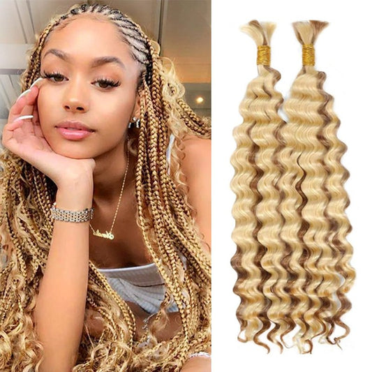 613 Braiding Hair 2 Bundles 100g 12 Inch Deep Wave Bulk Human Hair Braiding Wet and Wavy Human Braiding Hair for Boho Braids 613 Curly Human Hair Extensions