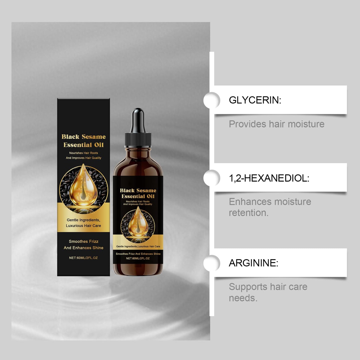 Black Sesame Hair Growth Oil, Volumizing and Moisturizing, Deep Nourishing Treatment for Dry Damaged Hair, Fuller Hair, Reduces Hair Loss & Breakage, All-Natural Formula, 2 fl oz