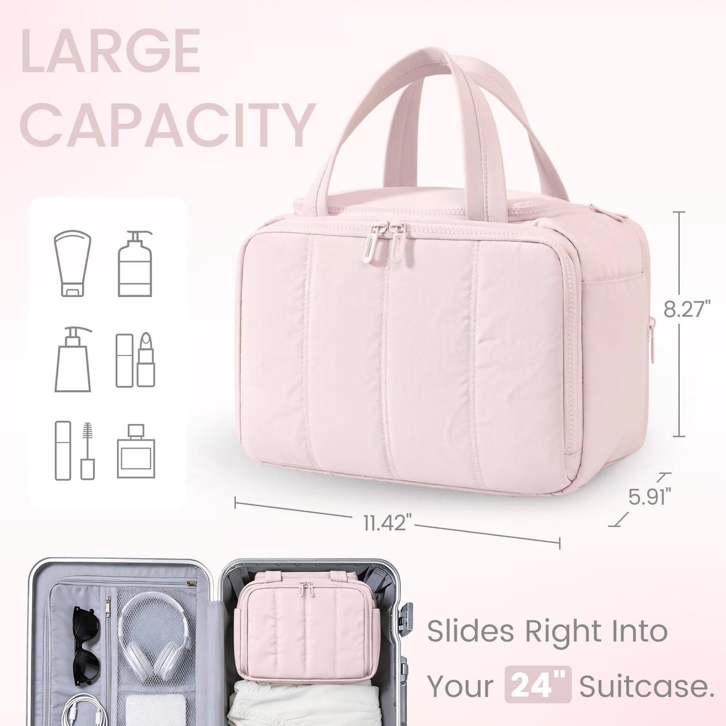 SODEER Cute Puffy Toiletry Bag for Women,Large Makeup Bag,Travel Cosmetic Bag with Adjustable Dividers & Trolley Sleeve,Toiletries Organizer,Light Pink