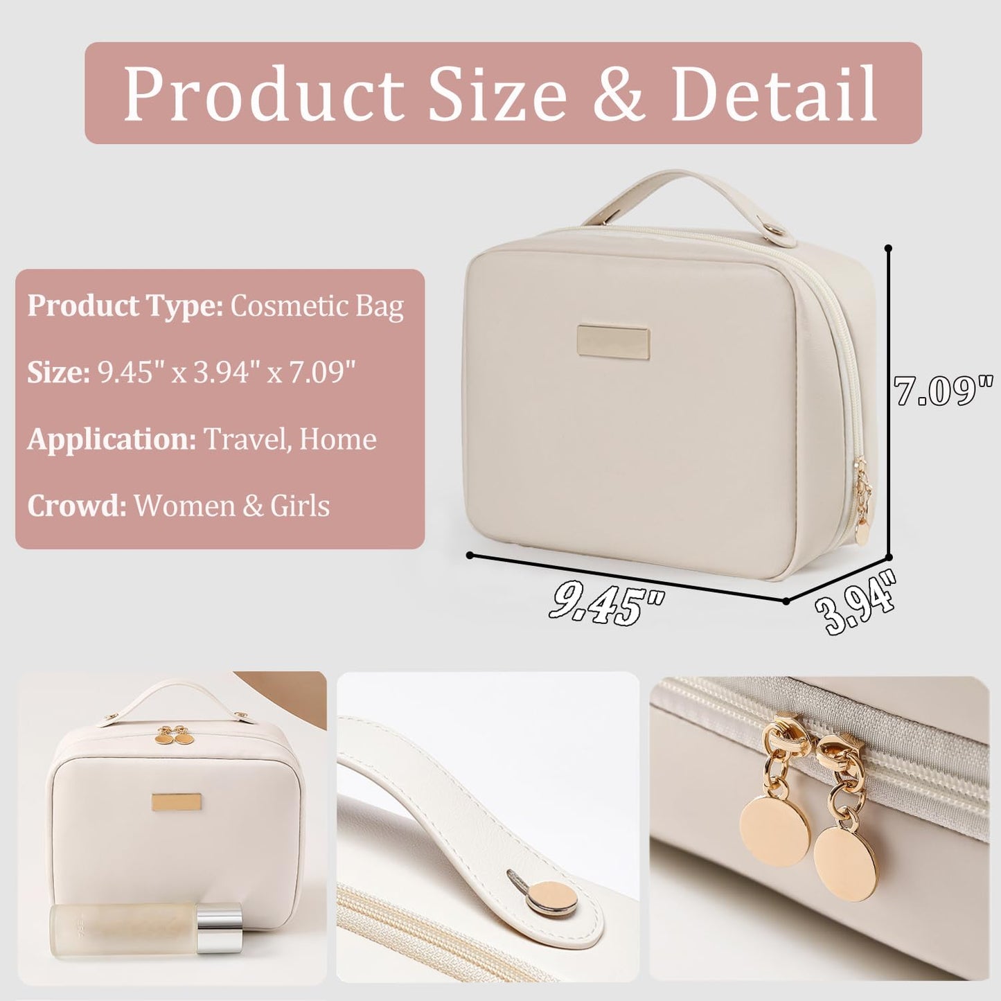 VNIMTI Travel Makeup Bag, Travel Toiletry Bag for Women with Brush Holder, Double Layer Large Cosmetic Bag, Portable Makeup Pouch, PU Leather, White