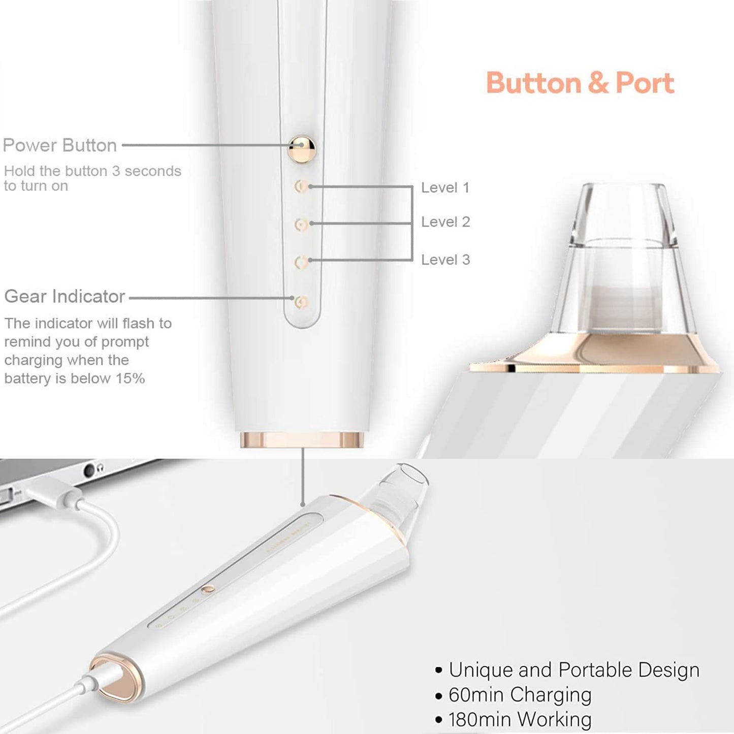 Blackhead Remover Pore Vacuum,Newest Upgraded USB Rechargeable Facial Pore Cleaner Blackhead Removal Kit with 3 Suction Power,5 Probes Black Head Extractions Tool for Women & Men