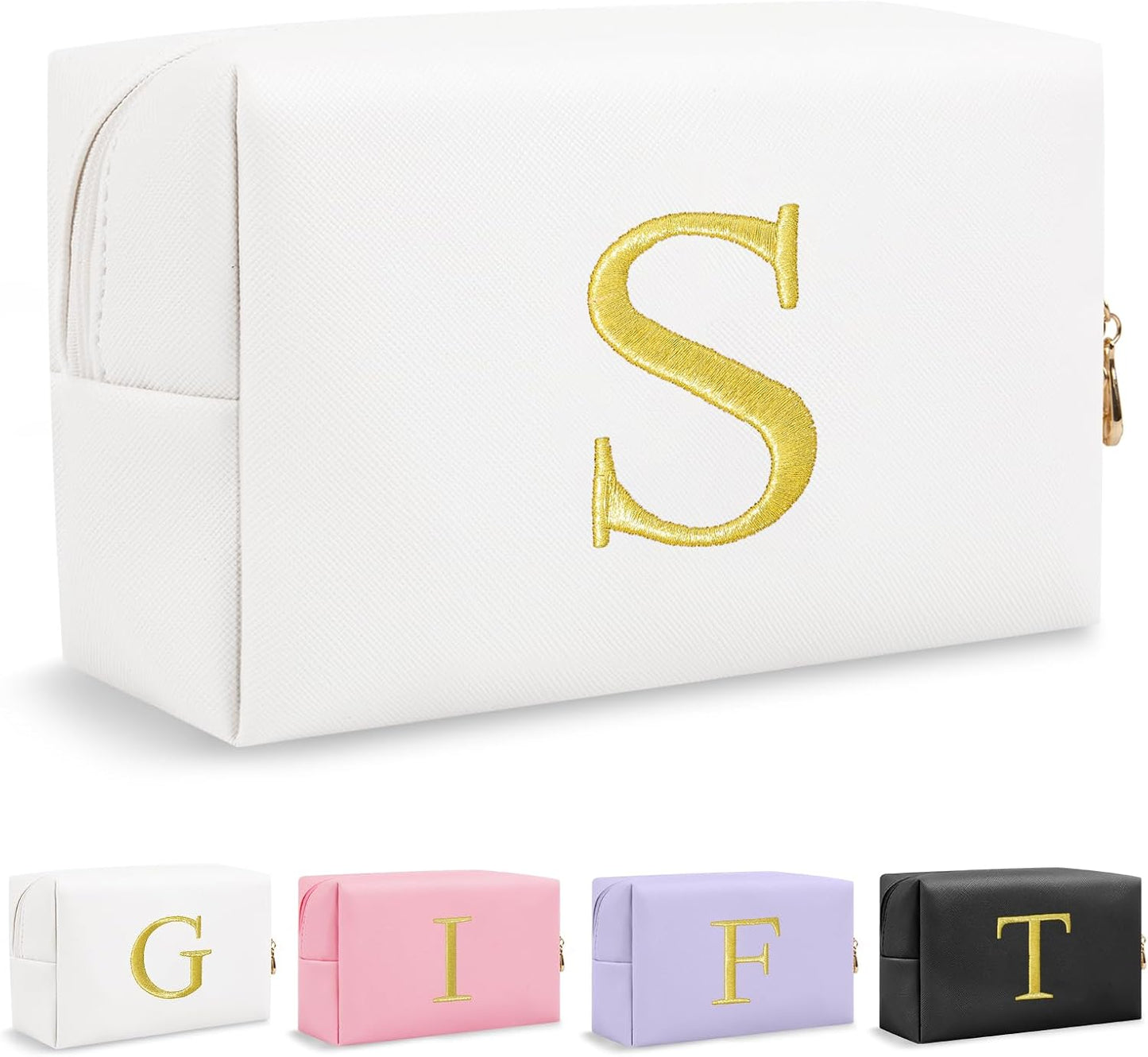 Personalized Initial Makeup Bag - Gold Embroidered Cosmetic Bag for Teens | Custom Travel Toiletry Bag (Black)