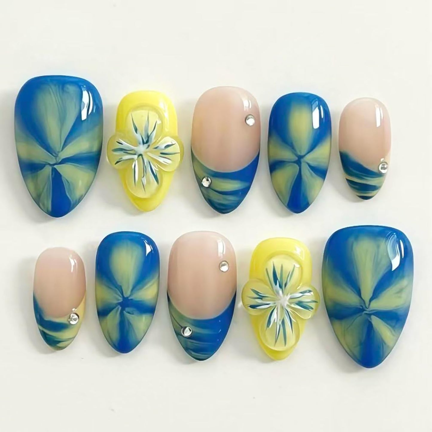 French Tip Press-On Nails - 30pcs Medium Almond Acrylic with 3D Flower & Pearl Design | Reusable Summer Nail Art