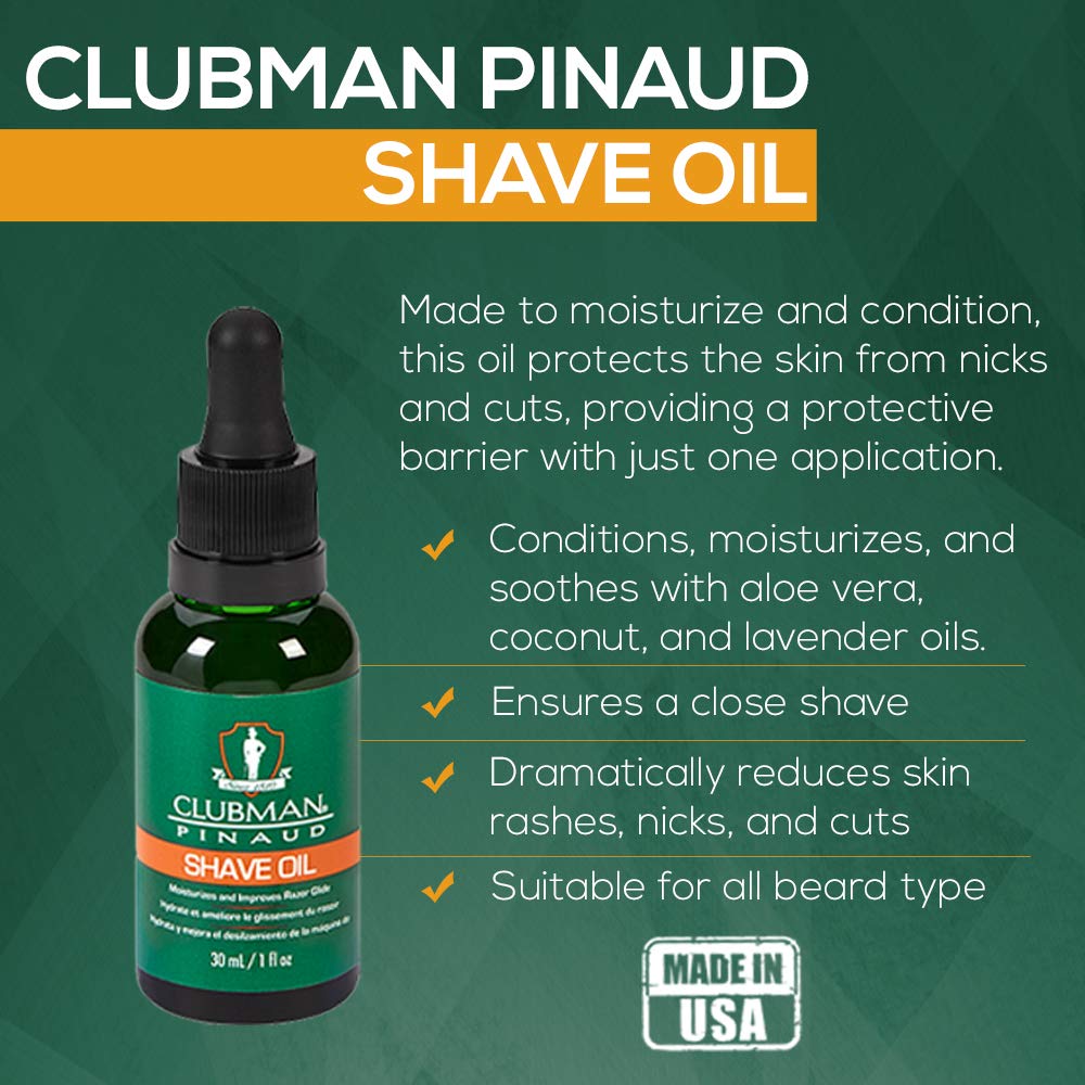 Clubman Pinaud Shave Oil – Pre-Shave Beard Oils for Smooth Razor Glide, Moisturize, Softens Facial Hair & Helps Prevent Razor Burn and Irritation, 1 fl oz
