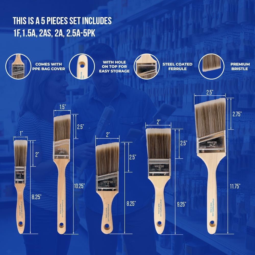 Pro Grade Paint Brushes - 5-Piece Set for Walls, Trim & Cabinets | Flat & Angle Brushes for Latex & Oil Paints