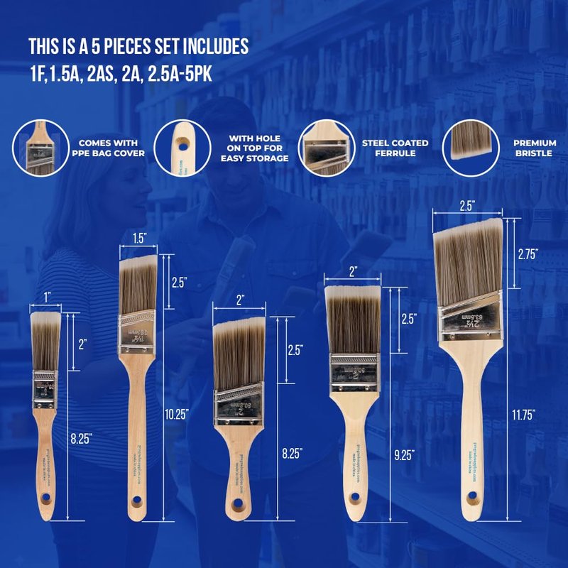 Pro Grade Paint Brushes, 5-Piece Paint Brush Set, Flat & Angle Brushes for Walls, Trim, Cabinets, Interior & Exterior Latex and Oil Paints, Stains
