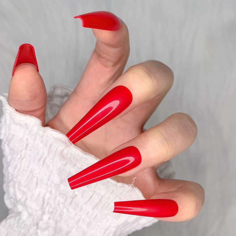 Ballerina Long Coffin Glossy Fake Nails - 24pcs Red Press-On Nail Tips for Women